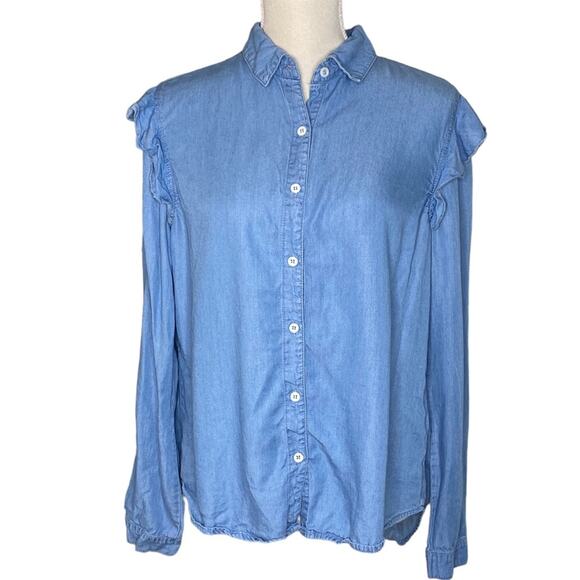 Denim by Ellison Tencel Long-sleeved Button Down with Ruffle on Shoulders M - Picture 1 of 6
